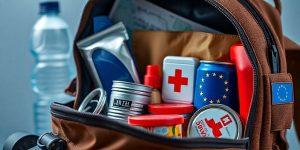 Mochila con kit de emergencia europeo y suministros básicos